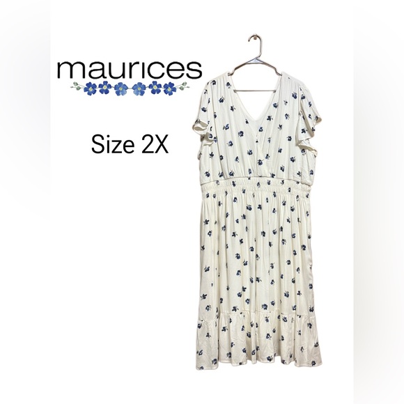 Maurices 2X Cream & Blue Floral Midi Dress – Ruffle Sleeve & Smocked Waist - Picture 1 of 7